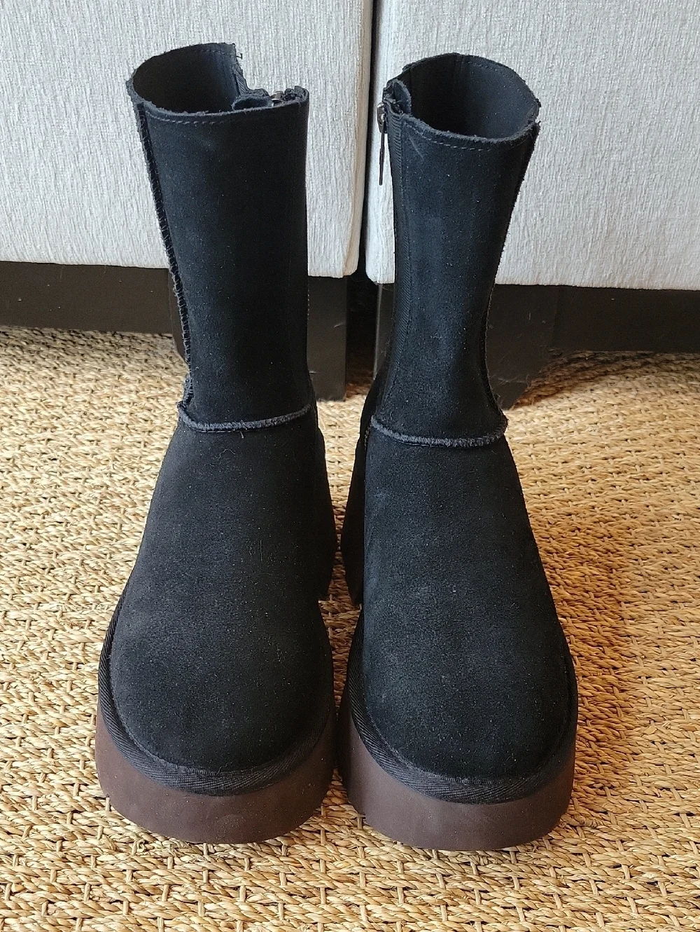 UGG Classic Twin Seam New heights Women's Boots Black suede with platform sole 8